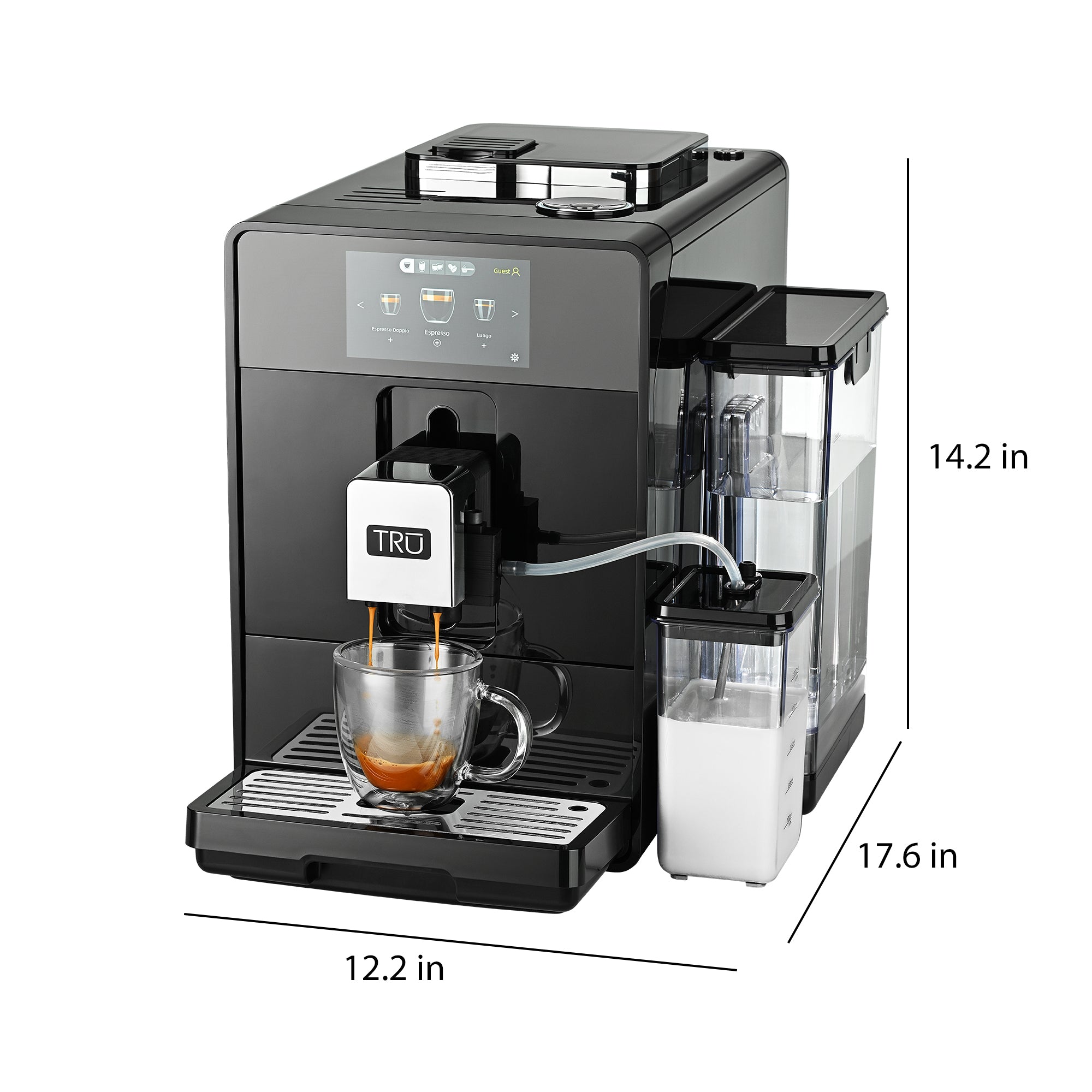 TRU Automatic Espresso and Coffee Machine with 24 Customizable Preset Beverages, 4.5" Digital Touchscreen, Integrated Grinder, and Removable Milk Tank