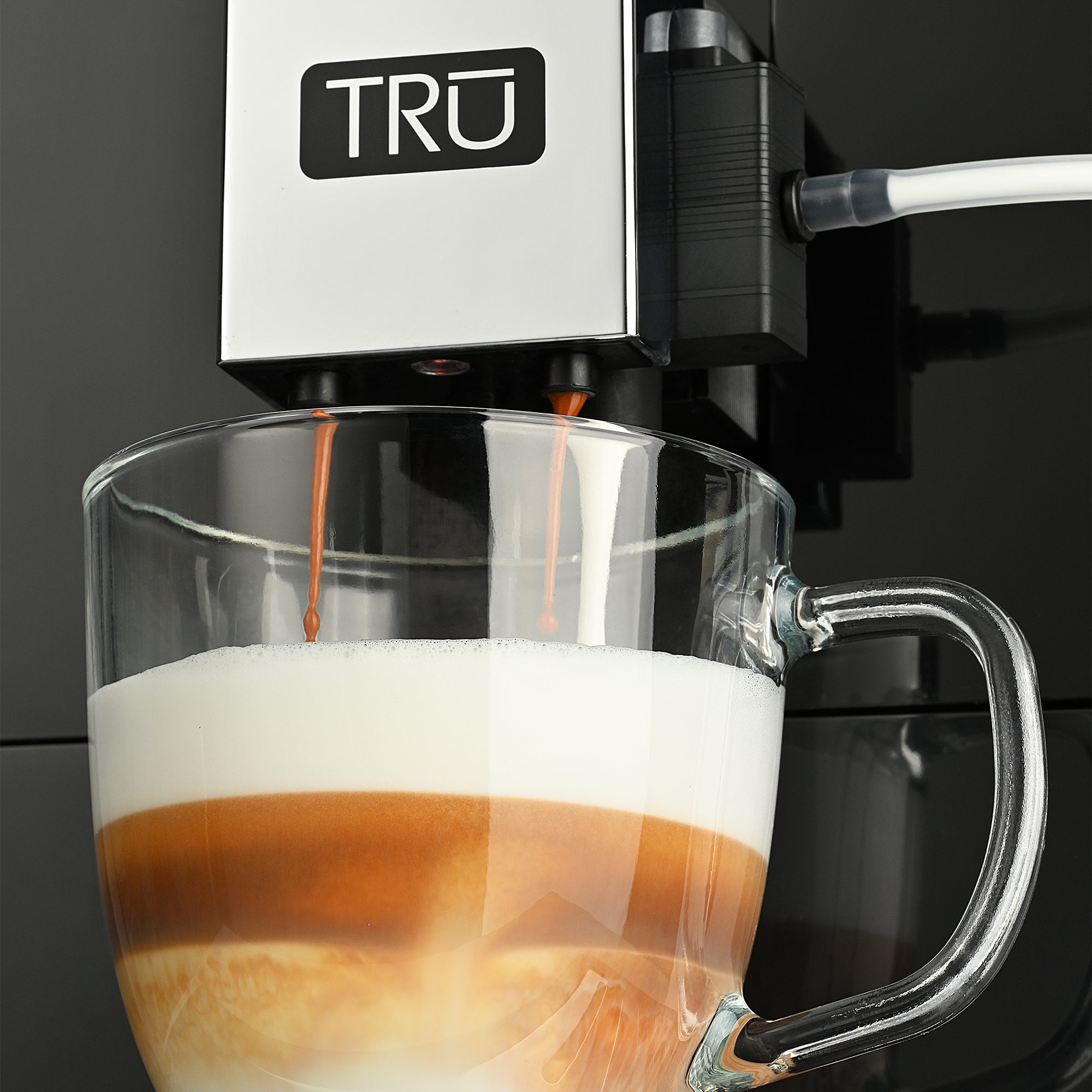 TRU Automatic Espresso and Coffee Machine with 24 Customizable Preset Beverages, 4.5" Digital Touchscreen, Integrated Grinder, and Removable Milk Tank