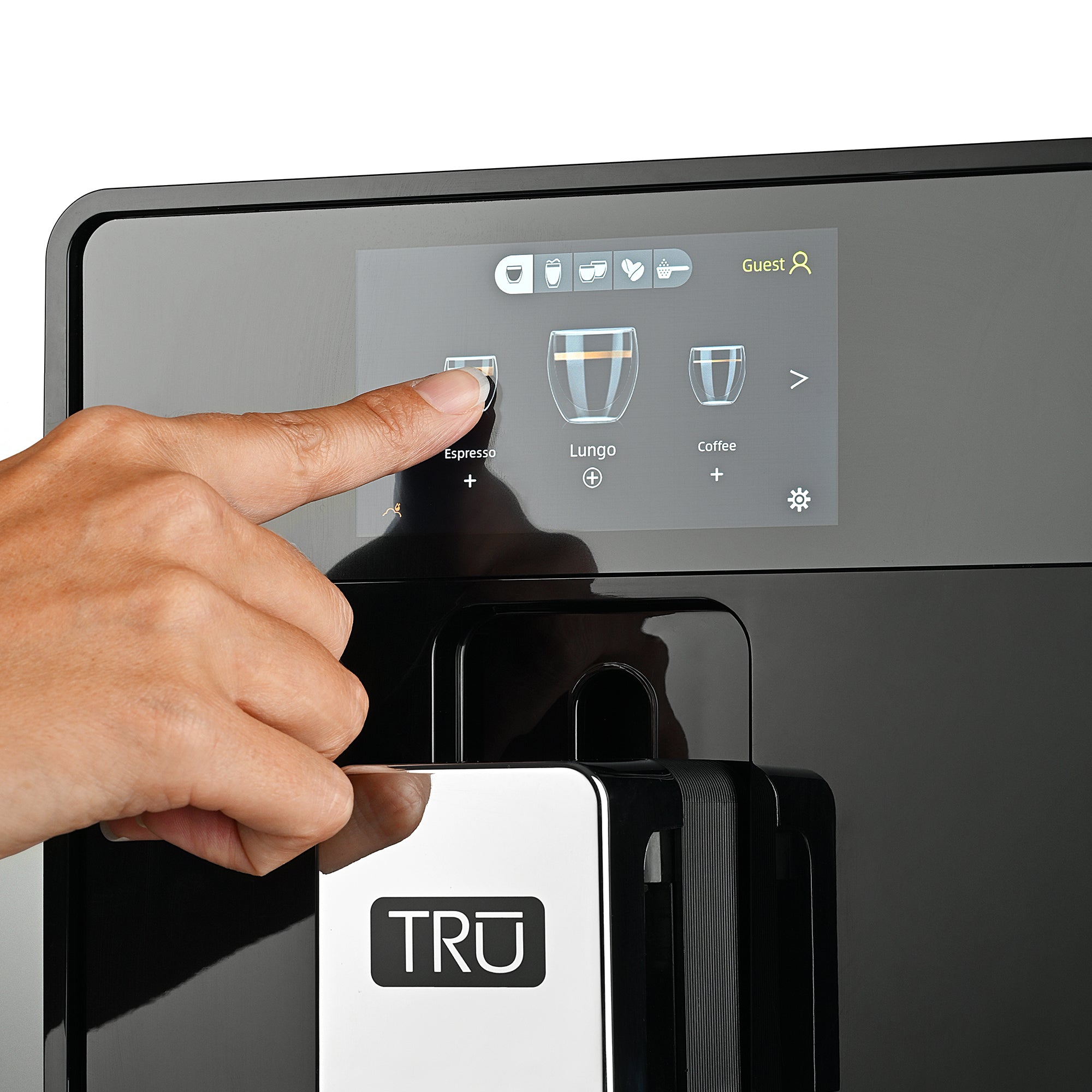 TRU Automatic Espresso and Coffee Machine with 24 Customizable Preset Beverages, 4.5" Digital Touchscreen, Integrated Grinder, and Removable Milk Tank